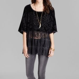 Free People Fortune Teller Velvet Velour Tunic Top With Lace Trim Black Medium